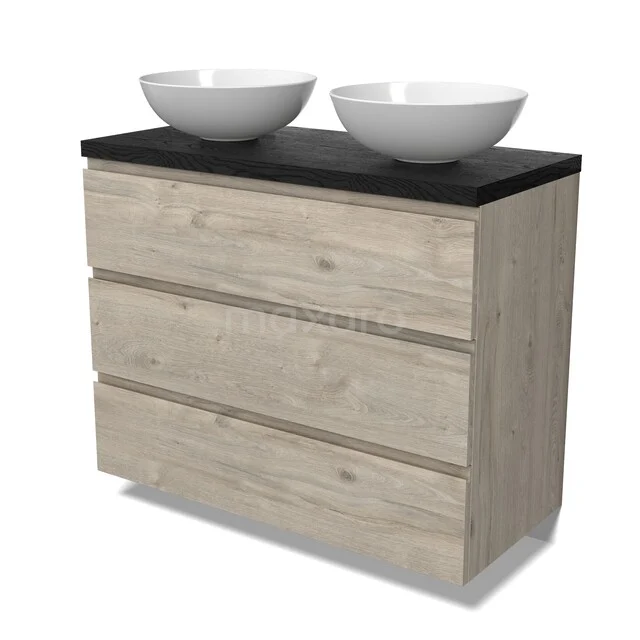 Modulo Plato Badkamermeubel voor waskom | 100 cm Lichtgrijs eiken Greeploos front Zwart eiken blad 3 lades BMK19-01752 Houten badkamermeubel met drie lades, zwart blad en twee witte wastafels; modern en praktisch voor elke badkamerstijl.