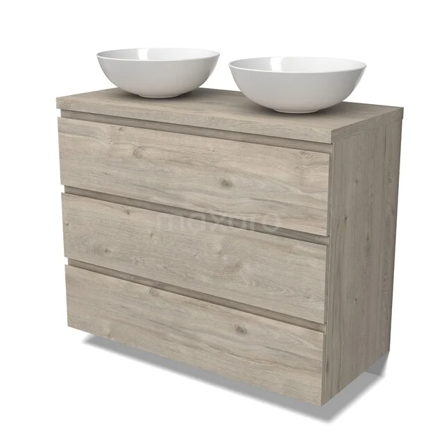 Modulo Plato Vanity units for countertop basin | 100 cm Light grey oak Handle-less front Light grey oak worktop 3 drawers BMK19-01754 Houten badkamermeubel met licht eiken look, drie lades en twee witte waskommen, ideaal voor een moderne badkamerstijl.