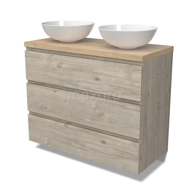 Holz Badezimmermöbel mit heller Holzmaserung, drei Schubladen und doppelten weißen Aufsatzwaschbecken, perfekt für ein modernes Badezimmer.