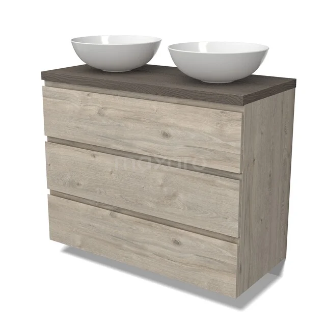 Holz Badezimmermöbel mit drei Schubladen, dunkler Arbeitsplatte und doppelten weißen Aufsatzwaschbecken; ideal für ein modernes Badezimmer.