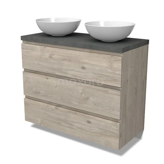 Modulo Plato Badkamermeubel voor waskom | 100 cm Lichtgrijs eiken Greeploos front Donkergrijs beton blad 3 lades BMK19-01761 Houten badkamermeubel met grijze top, dubbele witte waskom, strak design en drie lades voor stijlvolle opbergruimte.