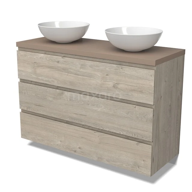Modulo Plato Vanity units for countertop basin | 120 cm Light grey oak Handle-less front Taupe worktop 3 drawers BMK19-01763 Houten badkamermeubel met licht eiken uitstraling, drie lades en dubbele witte wastafel; ideaal voor moderne badkamers.