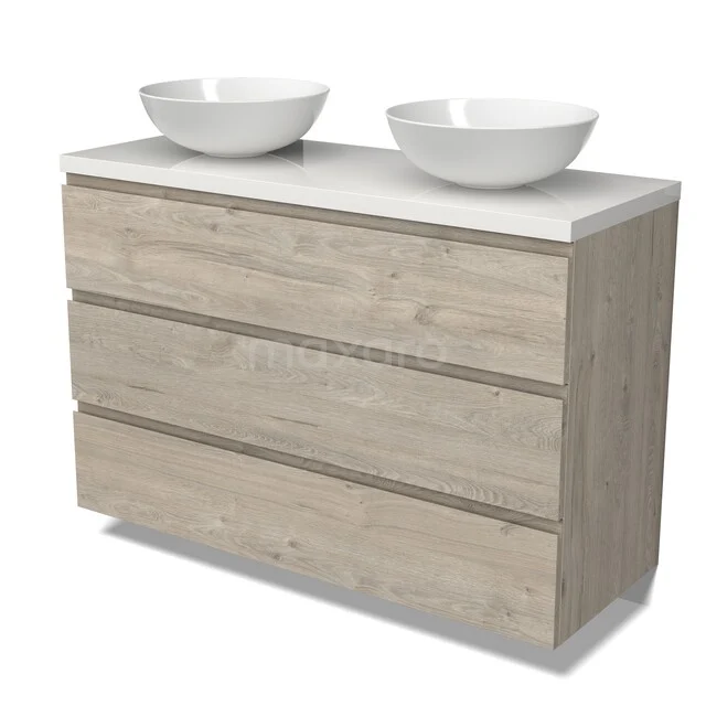 Modulo Plato Vanity units for countertop basin | 120 cm Light grey oak Handle-less front High-gloss white worktop 3 drawers BMK19-01765 Houten badkamermeubel met dubbele witte waskommen, modern design en drie ruime lades voor praktische opbergruimte.