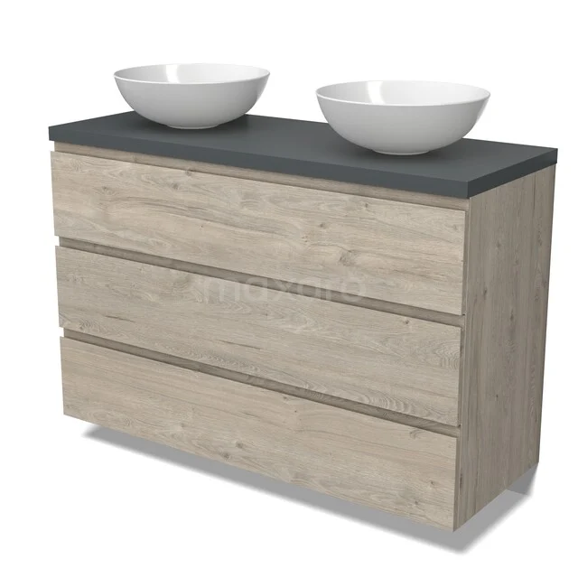 Waschbeckenmöbel Modulo BMK19-01767 Hölzernes Badezimmermöbel mit Schubladen, graue Platte und zwei weißen Aufsatzwaschbecken, perfekt für moderne Badezimmergestaltung.