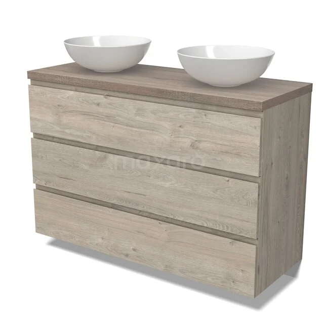 Holz Badezimmermöbel mit doppelten weißen Aufsatzwaschbecken, modernem Eiche-Look und drei breiten Schubladen für Stauraum.