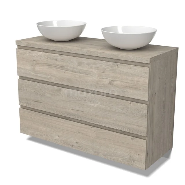 Holz-Badmöbel mit doppeltem Aufsatzwaschbecken, hell Eiche, klare Formgebung, ideal für eine moderne Badezimmer Einrichtung.