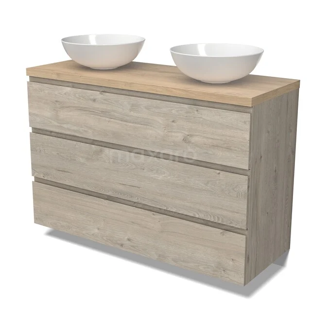 Holz-Badmöbel mit zwei runden weißen Aufsatzwaschbecken, skandinavisches Design, ideal für moderne Badezimmerinterieurs.