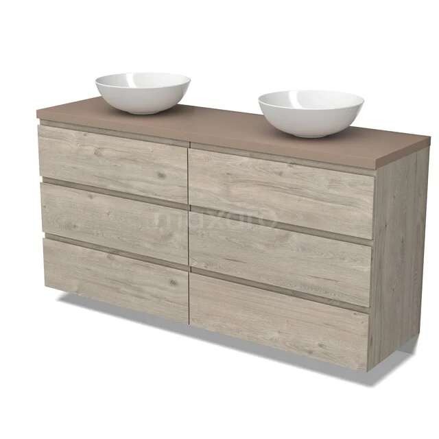 Waschbeckenmöbel Modulo BMK20-00332 Holz-Badmöbel mit Doppelwaschbecken, sechs Schubladen und einer modernen Ausführung in heller Eiche. Perfekt für ein stilvolles Badezimmer.