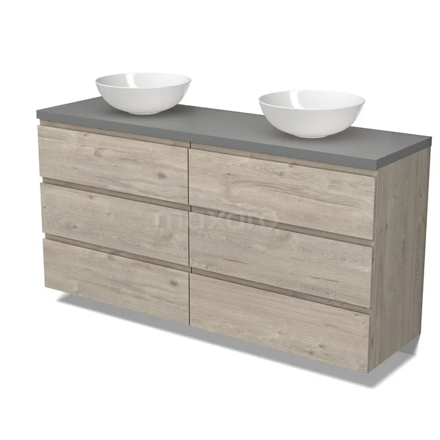 Modulo Plato Badkamermeubel voor waskom | 160 cm Lichtgrijs eiken Greeploos front Donkergrijs blad 6 lades BMK20-00333 Houten badkamermeubel met zes lades, een grijs blad en twee witte waskommen, ideaal voor moderne badkamerinrichting.