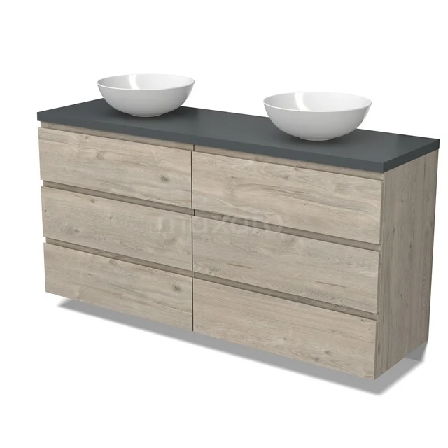 Modulo Plato Badkamermeubel voor waskom | 160 cm Lichtgrijs eiken Greeploos front Middengrijs blad 6 lades BMK20-00336 Houten badkamermeubel met zes lades, donkergrijs blad en dubbele witte wastafels, ideaal voor een moderne badkamer.