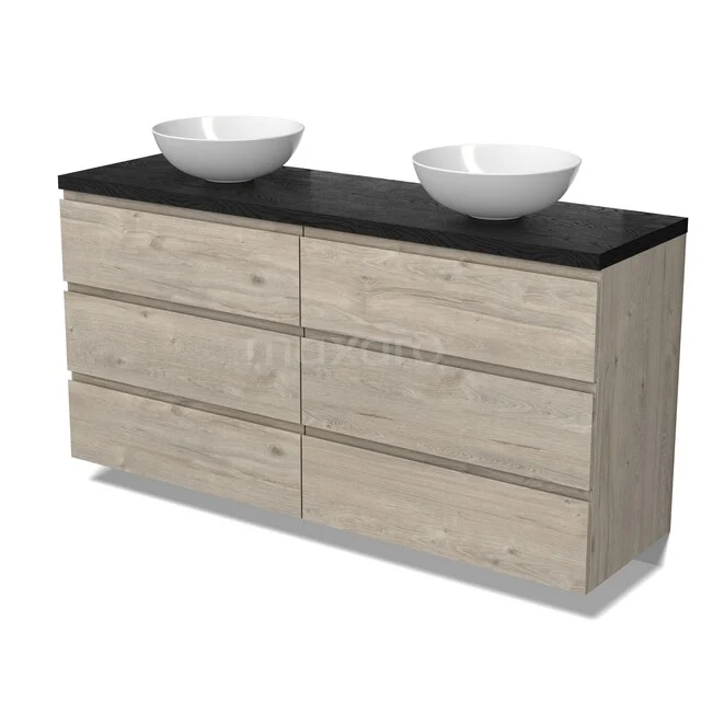 Waschbeckenmöbel Modulo BMK20-00338 Hölzernes Badezimmermöbel mit doppelten Aufsatzwaschbecken, schwarzer Arbeitsplatte und sechs Schubladen, modernes Design aus Naturholz.