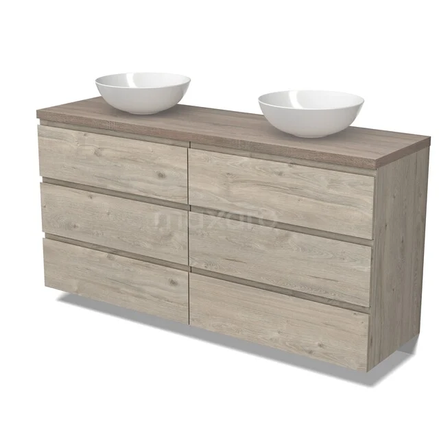 Holz Badezimmermöbel mit Doppelwaschbecken, Naturlook, sechs Schubladen und stilvoller Verarbeitung für ein modernes Badezimmer.