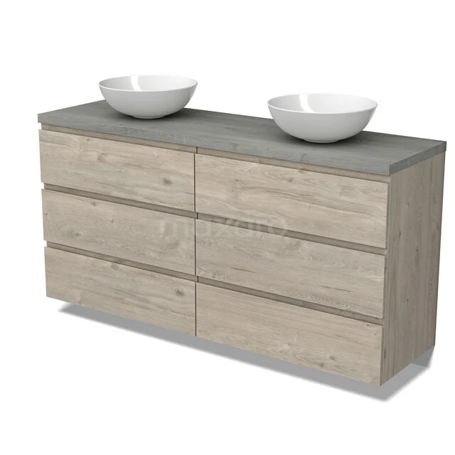 Badkamermeubel houtlook met betonlook blad, dubbele waskommen en zes lades, modern design perfect voor badkameropslag.
