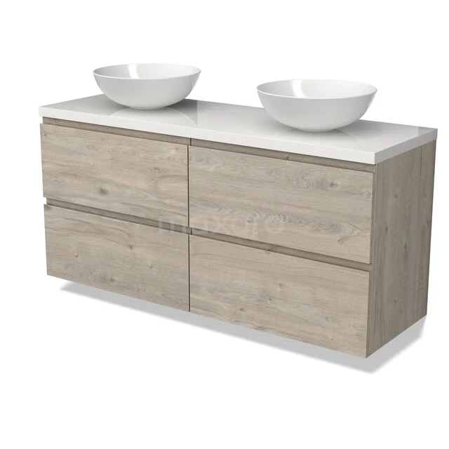 Holz Badezimmermöbel mit Doppelwaschbecken, modernes Design, vier Schubladen, helle Eiche Farbe und weiße Keramik Waschbecken oben drauf.