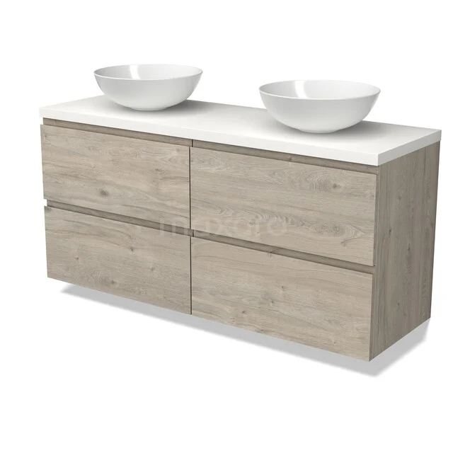 Modulo Plato Badkamermeubel voor waskom | 140 cm Lichtgrijs eiken Greeploos front Mat wit blad 4 lades BMK18-02452 Houten badkamermeubel met dubbele waskom, licht eiken afwerking en vier ruime lades voor stijlvolle en praktische badkameropslag.