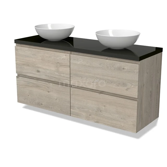 Modulo Plato Vanity units for countertop basin | 140 cm Light grey oak Handle-less front High-gloss black worktop 4 drawers BMK18-02454 Houten badkamermeubel met zwarte wastafelblad en twee ronde witte waskommen, modern design met vier lades.