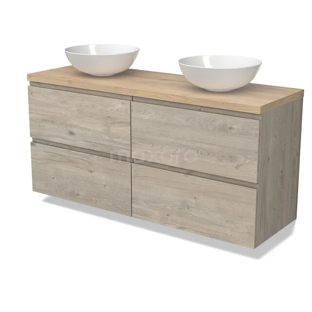 Modulo Plato Vanity units for countertop basin | 140 cm Light grey oak Handle-less front Light brown oak worktop 4 drawers BMK18-02458 Houten badkamermeubel met dubbele wastafel, licht eiken afwerking, moderne lades en strak design voor stijlvolle opbergruimte.