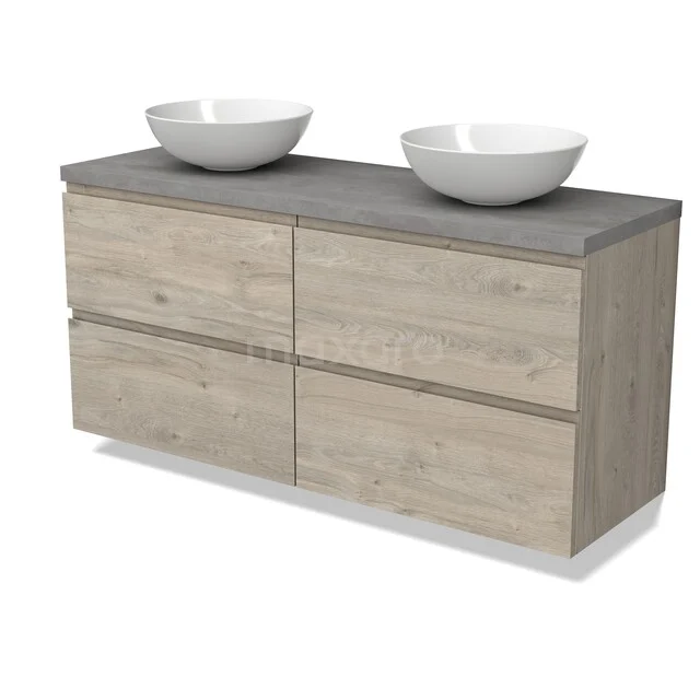 Wooden bathroom furniture with 4 drawers, grey top and 2 round white washbasins, ideal for a modern bathroom.
