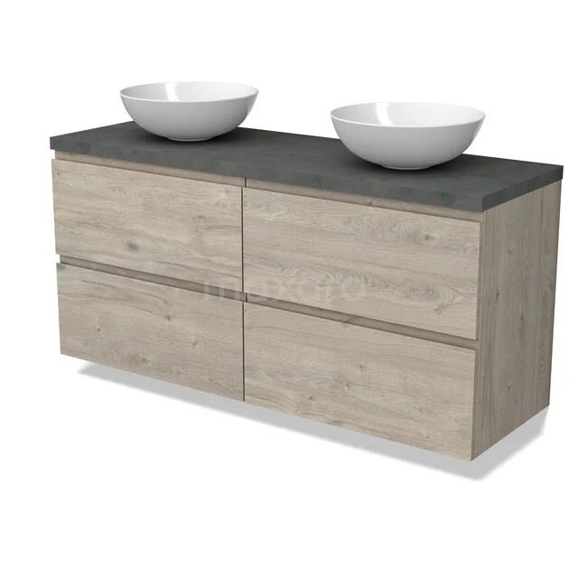 Modulo Plato Vanity units for countertop basin | 140 cm Light grey oak Handle-less front Dark grey concrete worktop 4 drawers BMK18-02463 Houten badkamermeubel met dubbele stenen waskommen, grijze blad en soft-close lades voor stijlvolle en praktische badkamer inrichting.