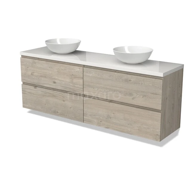 Wooden bathroom furniture with two white sinks, four drawers and modern design, perfect for stylish bathrooms.