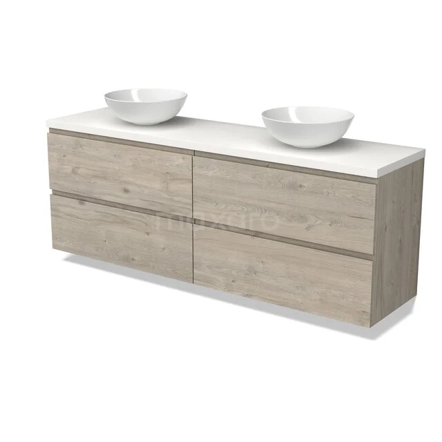 Holz Badezimmermöbel mit doppeltem Aufsatzwaschbecken, hell Eiche Design, vier Schubladen und weißer Platte für moderne Badezimmergestaltung.