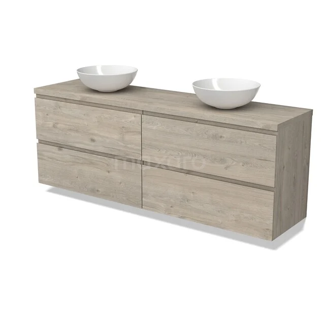 Modulo Plato Badkamermeubel voor waskom | 180 cm Lichtgrijs eiken Greeploos front Lichtgrijs eiken blad 4 lades BMK18-02469 Houten badkamermeubel met dubbele waskommen, modern ontwerp in licht eiken, ideaal voor ruime en stijlvolle badkamers.