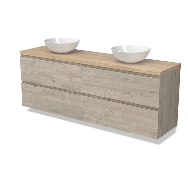Modulo Plato Vanity units for countertop basin | 180 cm Light grey oak Handle-less front Light brown oak worktop 4 drawers BMK18-02470 Houten badkamermeubel met dubbele wastafel, modern design, licht eiken afwerking, perfect voor een stijlvolle badkamer.