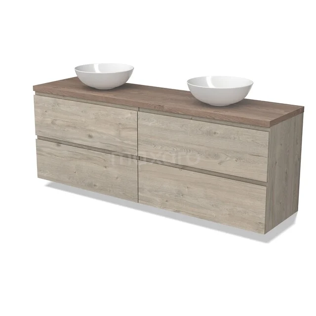 Modulo Plato Badkamermeubel voor waskom | 180 cm Lichtgrijs eiken Greeploos front Middenbruin eiken blad 4 lades BMK18-02471 Houten badkamermeubel met natuurlook, vier lades en twee witte opzetwaskommen; stijlvol en praktisch voor elke badkamer.