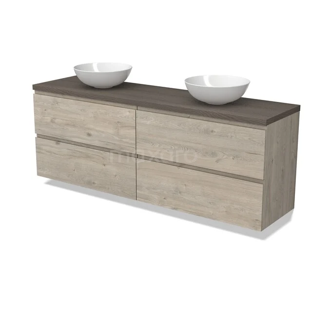 Modulo Plato Vanity units for countertop basin | 180 cm Light grey oak Handle-less front Dark brown oak worktop 4 drawers BMK18-02472 Houten badkamermeubel met dubbele wastafel, licht eiken afwerking, strak design en royale opbergruimte.