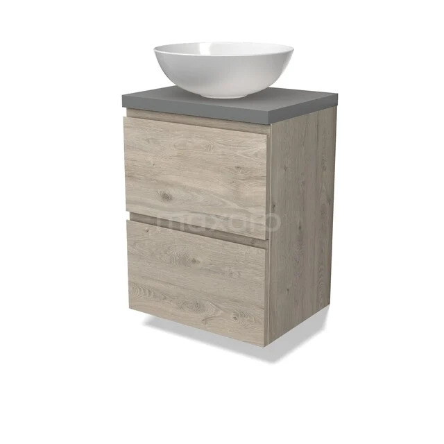 Modulo Plato Badkamermeubel voor waskom | 50 cm Lichtgrijs eiken Greeploos front Middengrijs blad 2 lades onder elkaar BMK37-03064 Houten badkamermeubel met twee lades, grijs betonlook blad en witte komvormige wastafel, ideaal voor een moderne badkamer.