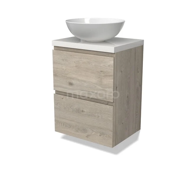 Badkamermeubel houtlook met wastafel, compacte designkast met twee lades, geschikt voor moderne badkamers.