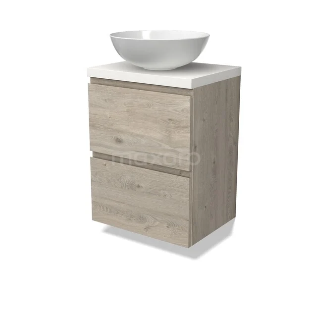 Houten badkamermeubel met twee lades en witte waskom, compact ontwerp ideaal voor een moderne badkamer.