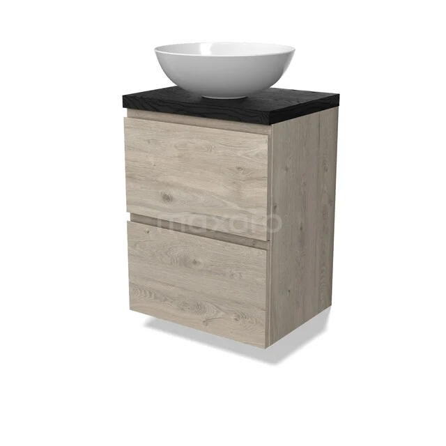 Houten badkamermeubel met zwarte wastafelblad en witte kom, compacte uitvoering met 2 lades in eikenlook.