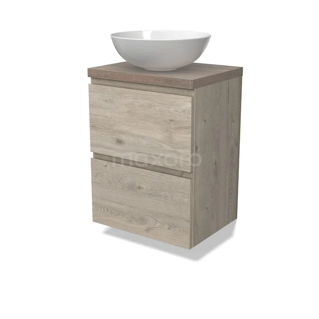 Holz-Badmöbel mit zwei Schubladen und einem weißen Keramik-Waschbecken, kompaktes Design für moderne Bäder.