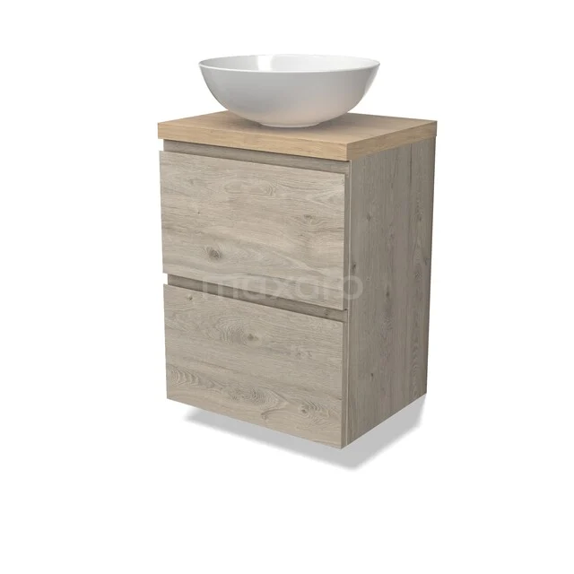 Badkamermeubel houtlook met natuurhouten blad en witte waskom, compact design met twee lades voor stijlvolle opbergruimte.