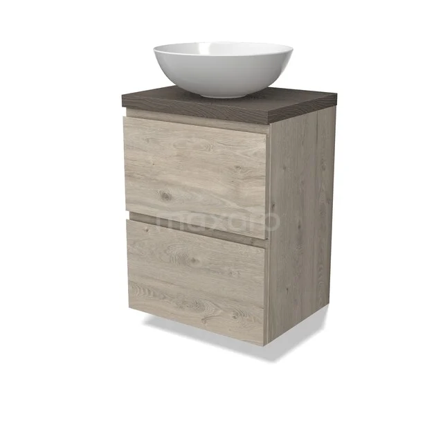 Holz-Waschtisch mit heller Eichenoptik, weißem Keramikbecken und zwei Schubladen, ideal für ein modernes Badezimmer.