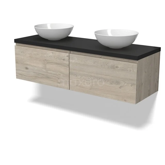 Zwevende Holz-Badmöbelset mit schwarzer Platte und zwei weißen Aufsatzwaschbecken, modernes Design.