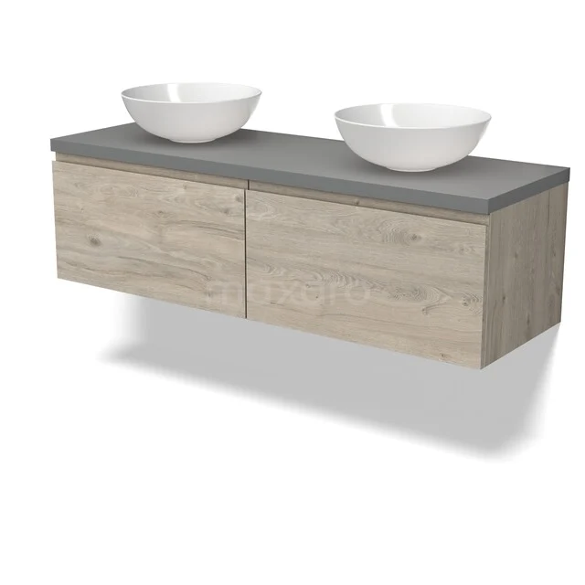Modulo Plato Badkamermeubel voor waskom | 140 cm Lichtgrijs eiken Greeploos front Middengrijs blad 2 lades naast elkaar BMK12-02243 Houten badkamermeubel met natuurstenen blad en twee ronde witte kommen, modern design voor stijlvolle badkamerinrichting.