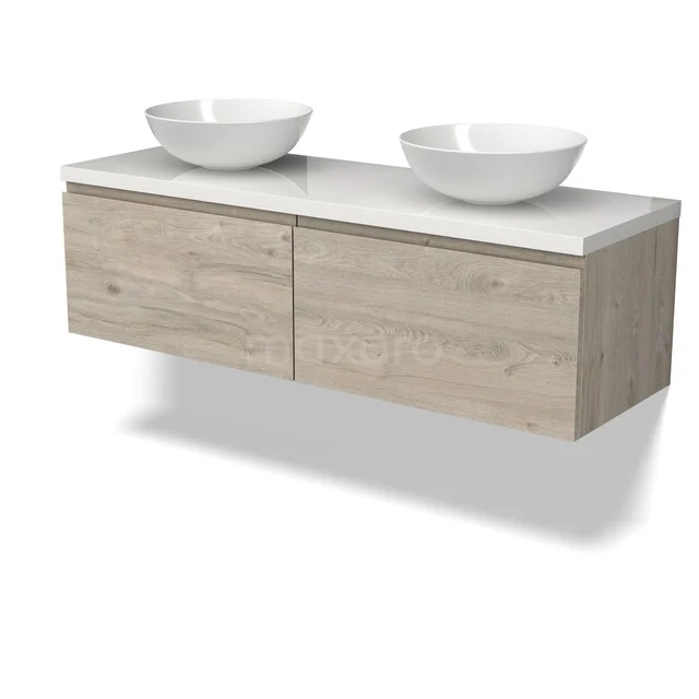 Modulo Plato Badkamermeubel voor waskom | 140 cm Lichtgrijs eiken Greeploos front Hoogglans wit blad 2 lades naast elkaar BMK12-02244 Houten badkamermeubel met twee witte natuurstenen waskommen, modern design en zwevende dubbele lade.