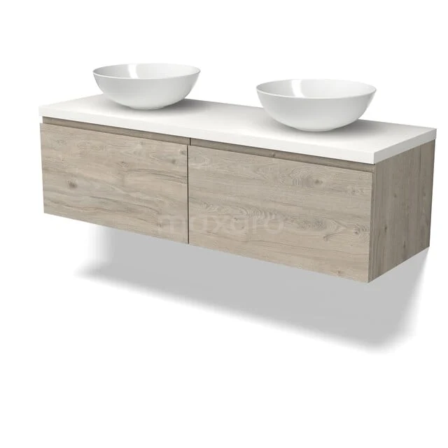 Modulo Plato Badkamermeubel voor waskom | 140 cm Lichtgrijs eiken Greeploos front Mat wit blad 2 lades naast elkaar BMK12-02245 Houten badkamermeubel met dubbele witte waskom, zwevend ontwerp, natuurlijk eikenlook afwerking.