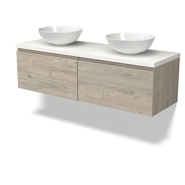 Holz Badezimmermöbel mit doppeltem weißen Aufsatzwaschbecken, schwebendes Design, natürliche Eiche-Look-Oberfläche.