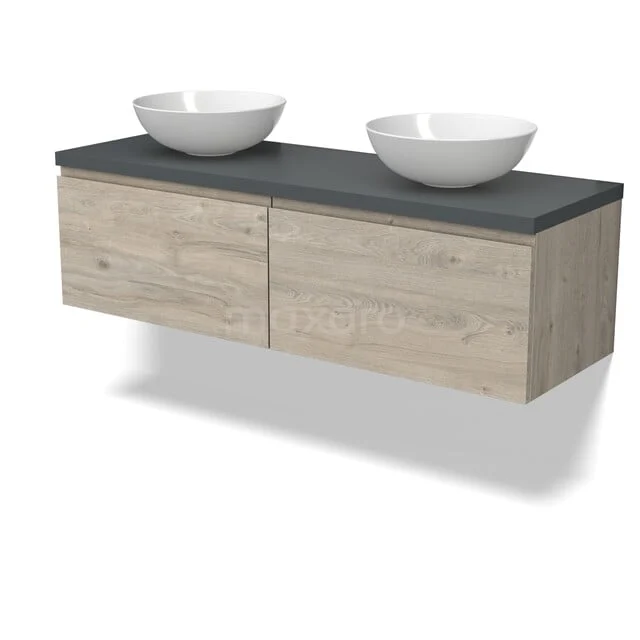 Modulo Plato Badkamermeubel voor waskom | 140 cm Lichtgrijs eiken Greeploos front Donkergrijs blad 2 lades naast elkaar BMK12-02246 Houten badkamermeubel met twee witte wastafels, donkergrijs blad en zwevend design; ideaal voor een moderne badkamer.