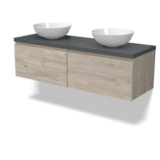 Hölzernes Badezimmermöbel mit zwei weißen Waschbecken, Dunkelgrau Platte und schwebendem Design; ideal für ein modernes Badezimmer.