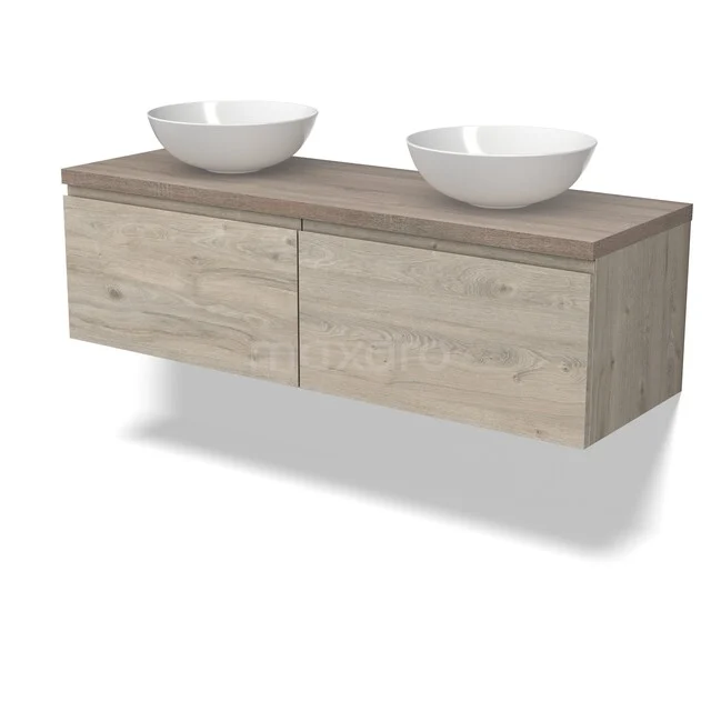 Holz-Badmöbel mit zwei weißen Aufsatzwaschbecken, modernes Design in heller Eiche, ideal für ein geräumiges Badezimmer.