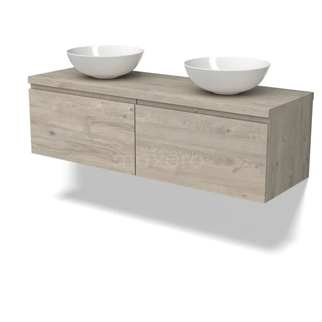 Holz Badezimmermöbel mit zwei Schubladen und doppelten weißen Aufsatzwaschbecken, skandinavisches Design in Eichelook.