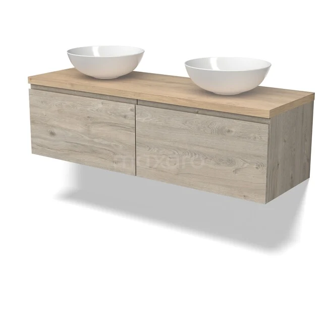 Modulo Plato Badkamermeubel voor waskom | 140 cm Lichtgrijs eiken Greeploos front Lichtbruin eiken blad 2 lades naast elkaar BMK12-02251 Houten badkamermeubel met twee witte opbouwwaskommen, zwevend design, modern zandkleurig eiken afwerking.
