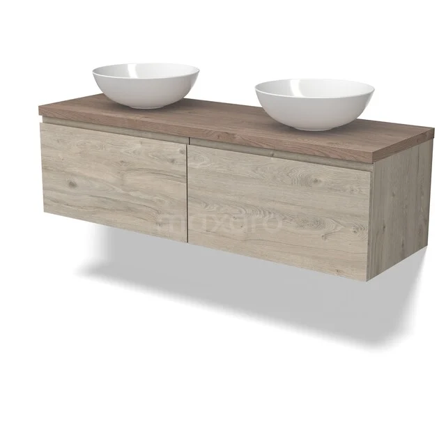 Holz Badezimmermöbel mit Eiche-Look, Doppelwaschbecken und schwebendem Design, ideal für eine moderne Badezimmergestaltung.