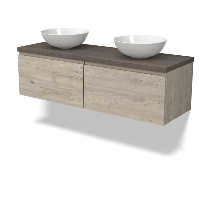 Holz-Badmöbel mit zwei weißen Aufsatzwaschbecken, schwebendes Design, helle Holzfarbe und dunkle Platte für moderne Bäder.