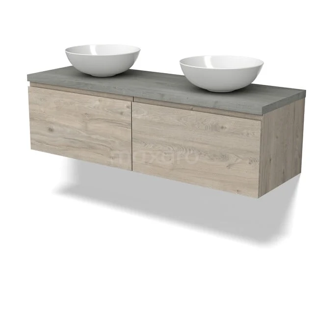 Modulo Plato Badkamermeubel voor waskom | 140 cm Lichtgrijs eiken Greeploos front Grijs eiken blad 2 lades naast elkaar BMK12-02254 Houten badkamermeubel met natuursteenlook blad, twee witte waskommen en ladekastjes, ideaal voor een moderne badkamer.