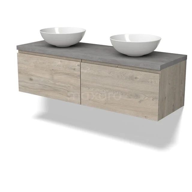 Modulo Plato Vanity units for countertop basin | 140 cm Light grey oak Handle-less front Light grey concrete worktop 2 Side-by-side drawers BMK12-02255 Houten badkamermeubel met twee witte waskommen, hangend design, grijze blad en natuurlijke houtlook, ideaal voor moderne badkamers.